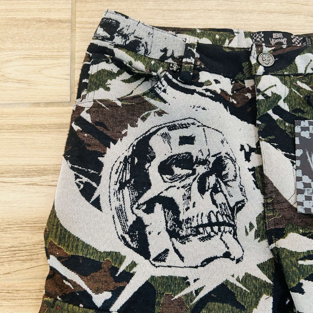 Rebel Vengeance Skull Camo Tapestry Cargo Pants Black Green Mens 30x32 Fringe - Picture 3 of 12